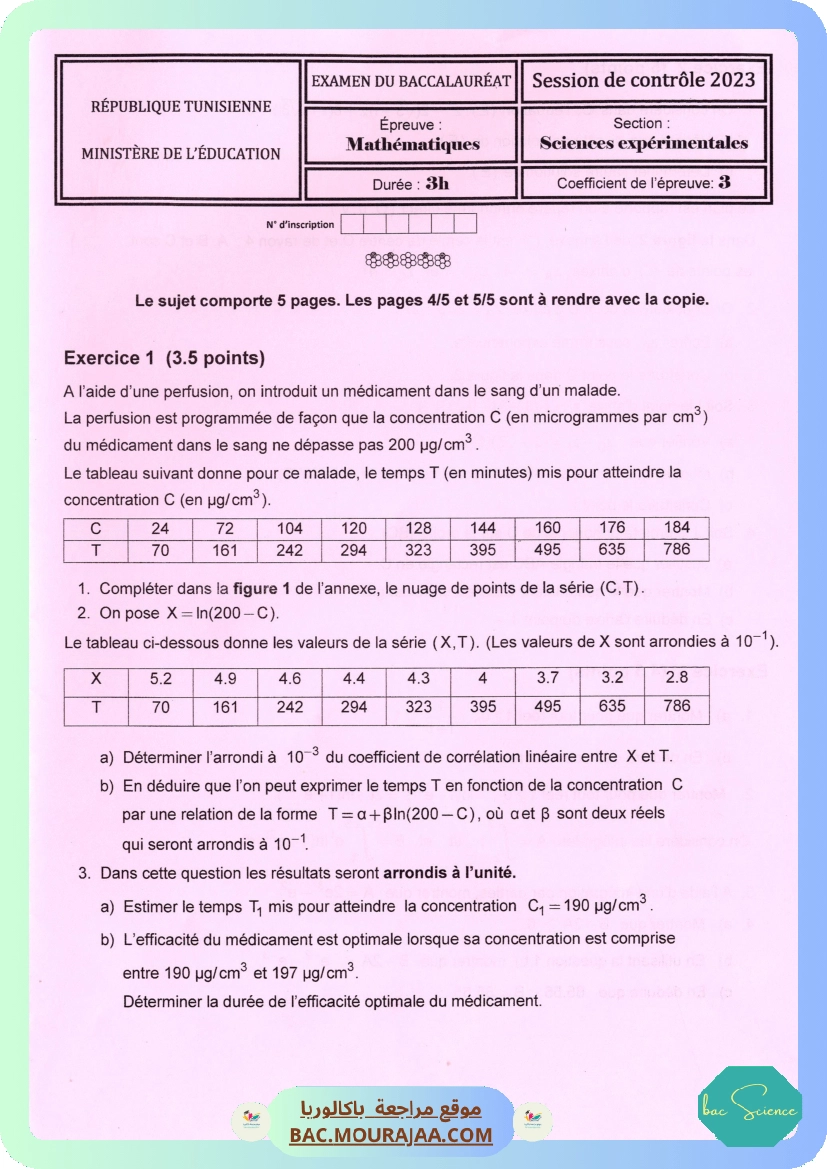 Sujet controle math Bac 2023 – Section science